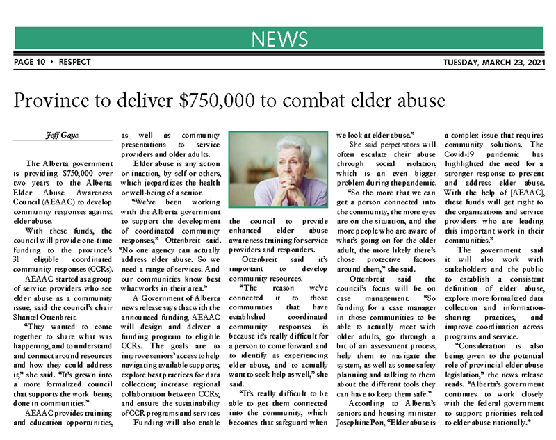 Province to deliver 750000 to combat elder abuse